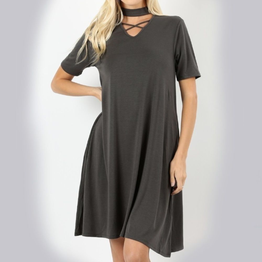 Grey CHOKER NECK Dress CRISS CROSS Short Sleeve Pockets